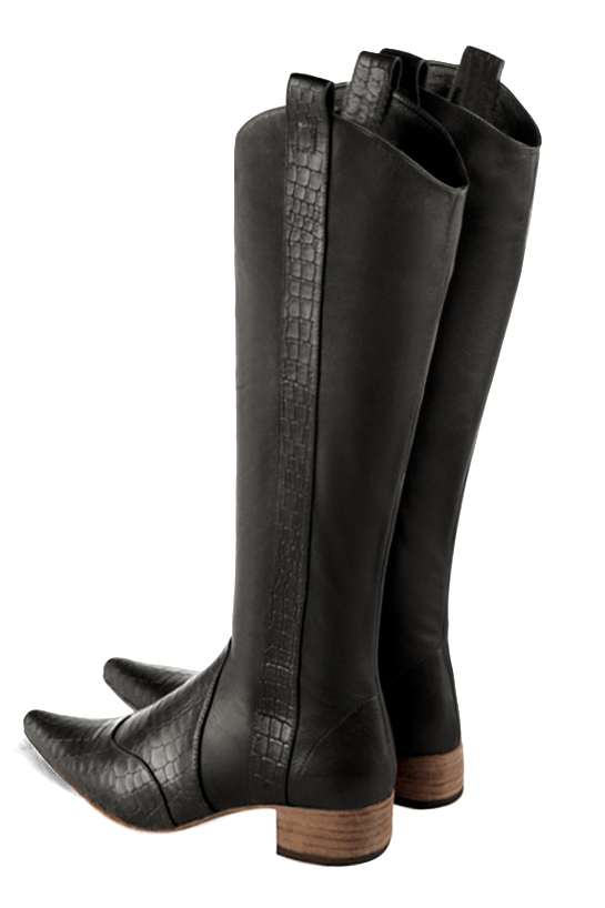 Dark grey women's cowboy boots. Tapered toe. Low leather soles. Made to measure. Rear view - Florence KOOIJMAN